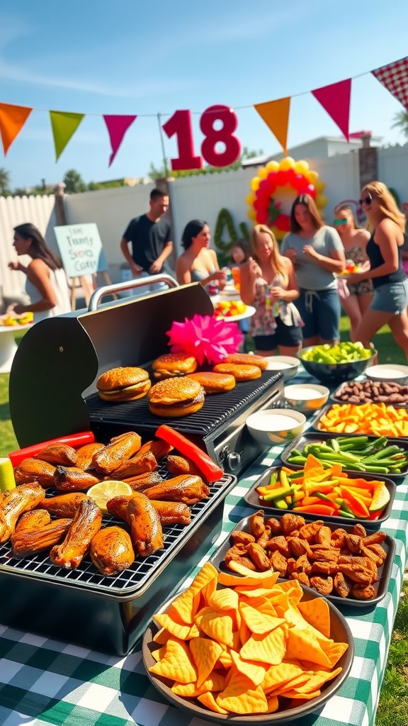 Outdoor barbecue setup with grilled meats and vegetables for an 18th birthday celebration.